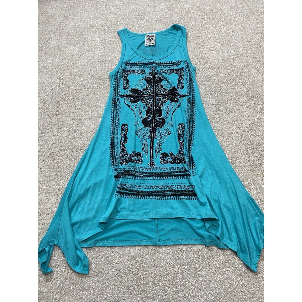 Y2K Vocal Turquoise Sleeveless Rhinestone Cross Tunic Top Rayon Spandex Size S - Picture 11 of 15
